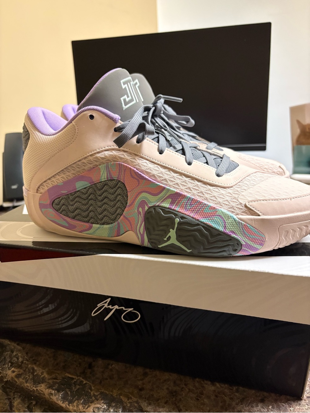 Jordan Pink and Purple Men's Basketball Sneakers with Multicolor Side Panels